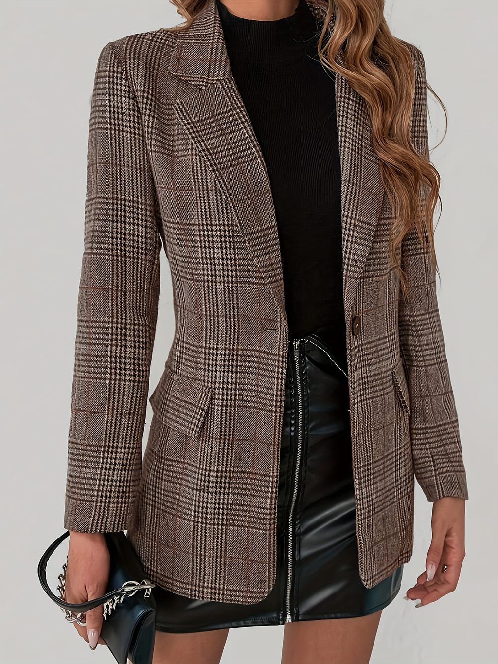 Plaid Pattern Single Breasted Lapel Blazer, Elegant Long Sleeve Blazer For Work & Office, Women's Clothing - Brown