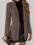 Plaid Pattern Single Breasted Lapel Blazer, Elegant Long Sleeve Blazer For Work & Office, Women's Clothing - Brown