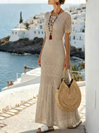 Women's Vacation Beach Bohemian Style Openwork Dress Cover-Up - Apricot