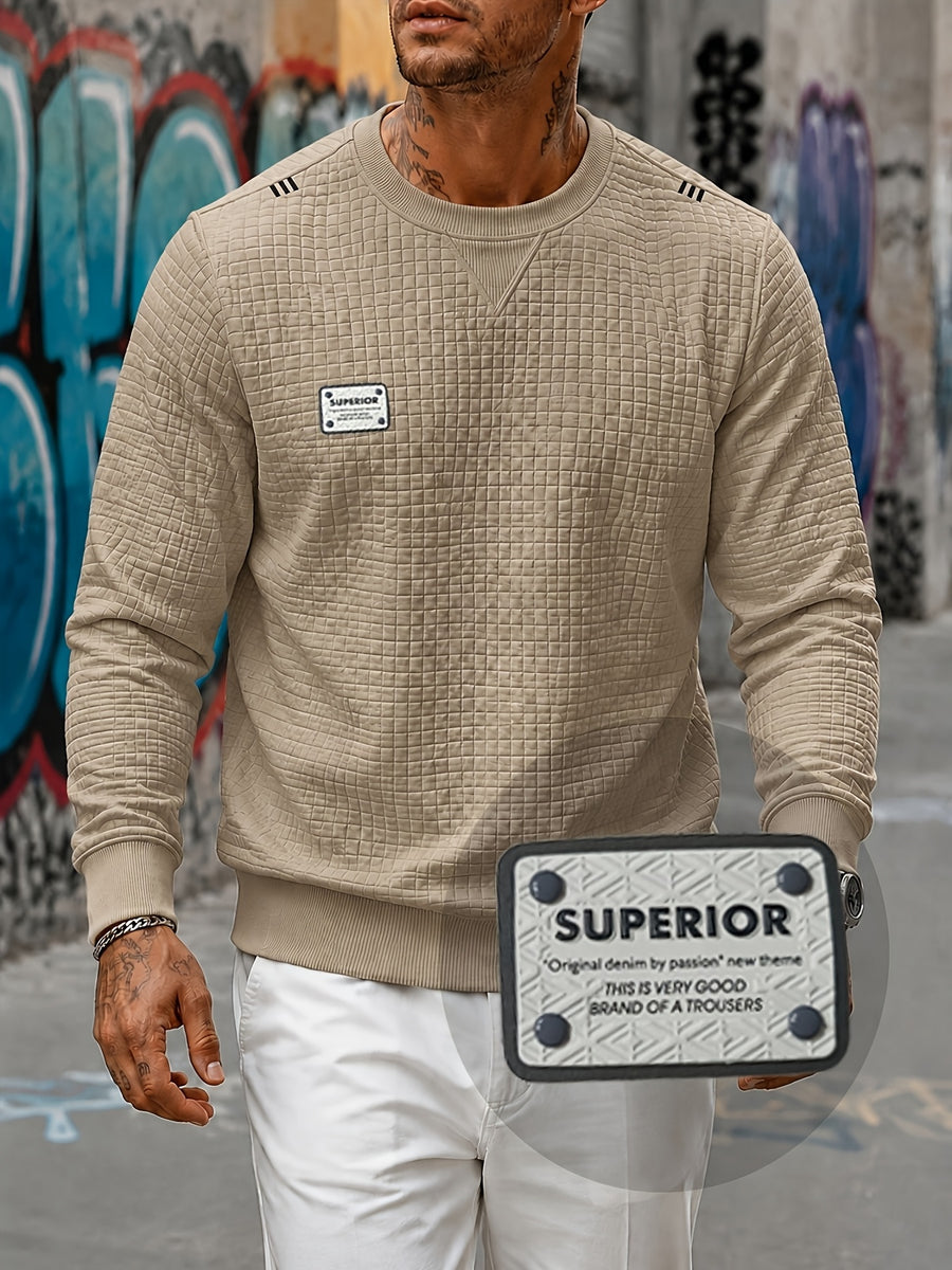 Men'S Textured Waffle Knit Sweatshirt Long Sleeve Crew Neck Pullover Lightweight Breathable Athletic Casual Top Soft Stretch Thermal Shirt Fit Sports Training Running Gym Workout Golf Outdoor Travel Everyday Wear Fashion Streetwear Basic Sweater - Khaki