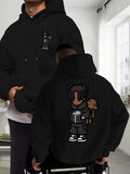 Cartoon Men's New Trendy Autumn Winter Hoodie, Casual Daily Drawstring Hooded Sweatshirt with Creative Design Print, Front Kangaroo Pocket, Unisex Top - Black