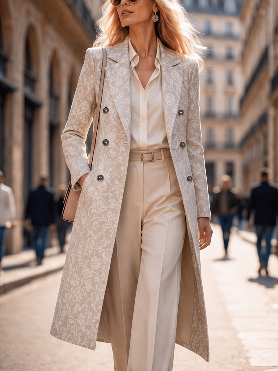 Women'S Spring Autumn New Vintage Printed Long Blazer, Double-Breasted Coat with Lining And Pockets - Milk Tea Color