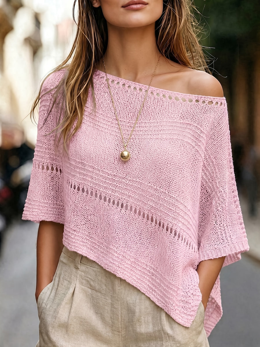 Women's Hollow-Out Cape Top, Boat Neck Irregular Hem Summer Beach Cover-Up, Seaside Bohemian Vacation Style Casual Top, Lightweight Breathable Loose Knitwear, Mesh Detail Horizontal Stripes, Relaxed Layering Style, Suitable for Holidays, Daily Wear - Pale Pinkish Gray
