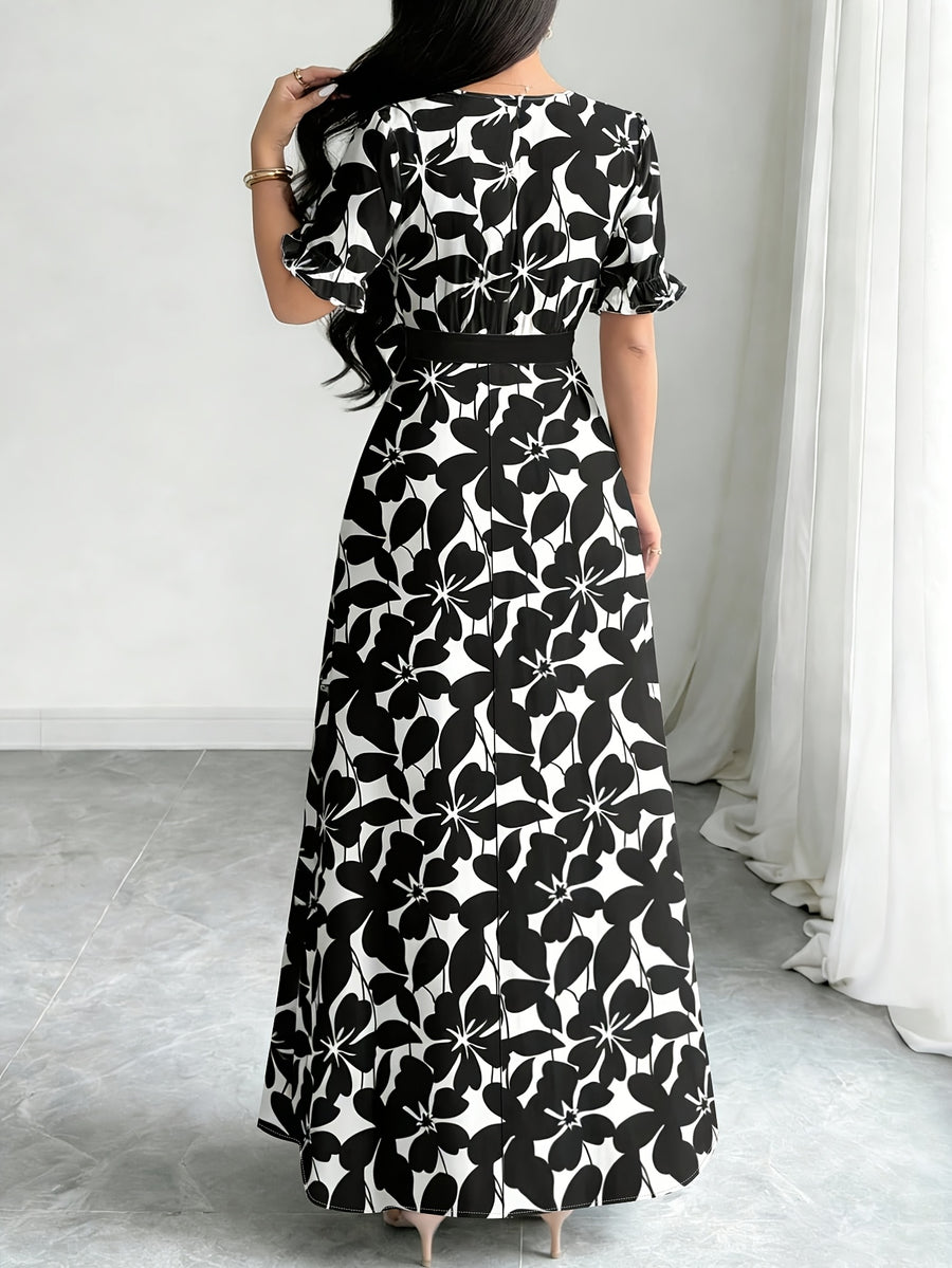 Women'S Printed Round Neck Casual Waist Dress - Black