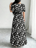 Women'S Printed Round Neck Casual Waist Dress - Black