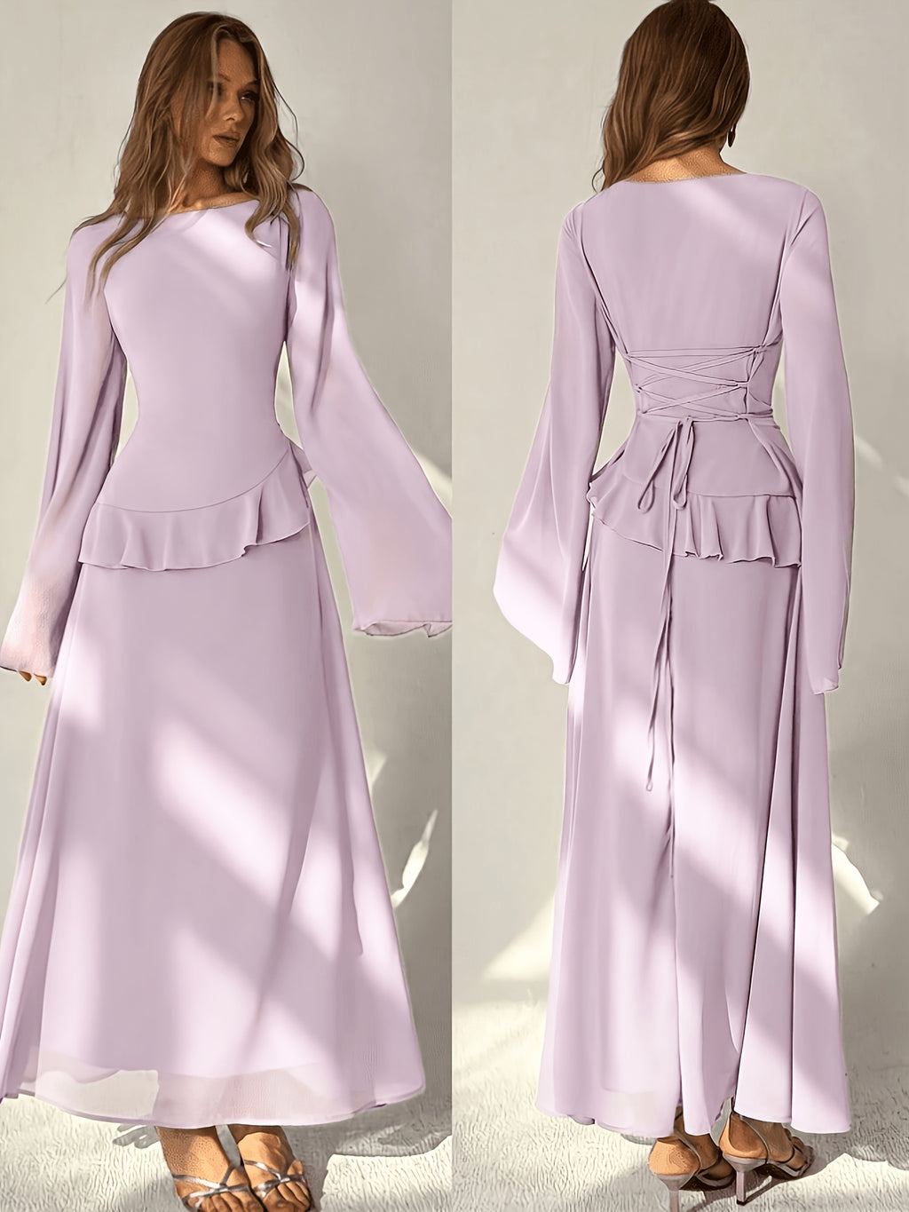 QD260618033 Women's Elegant Off-Shoulder Flared Sleeve Ruffle Waistband Tie-Back A-Line Long Dress - Light Purple