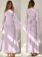 QD260618033 Women's Elegant Off-Shoulder Flared Sleeve Ruffle Waistband Tie-Back A-Line Long Dress - Light Purple