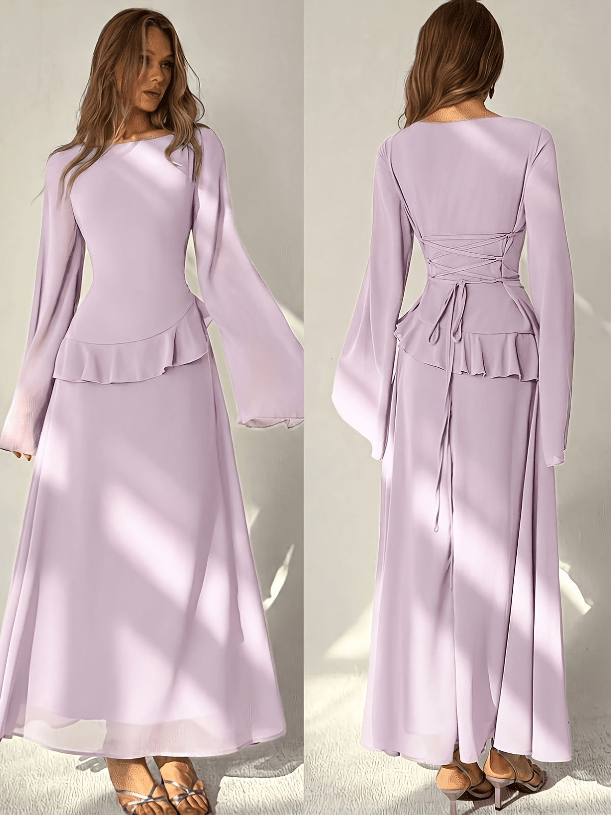 QD260618033 Women's Elegant Off-Shoulder Flared Sleeve Ruffle Waistband Tie-Back A-Line Long Dress - Light Purple