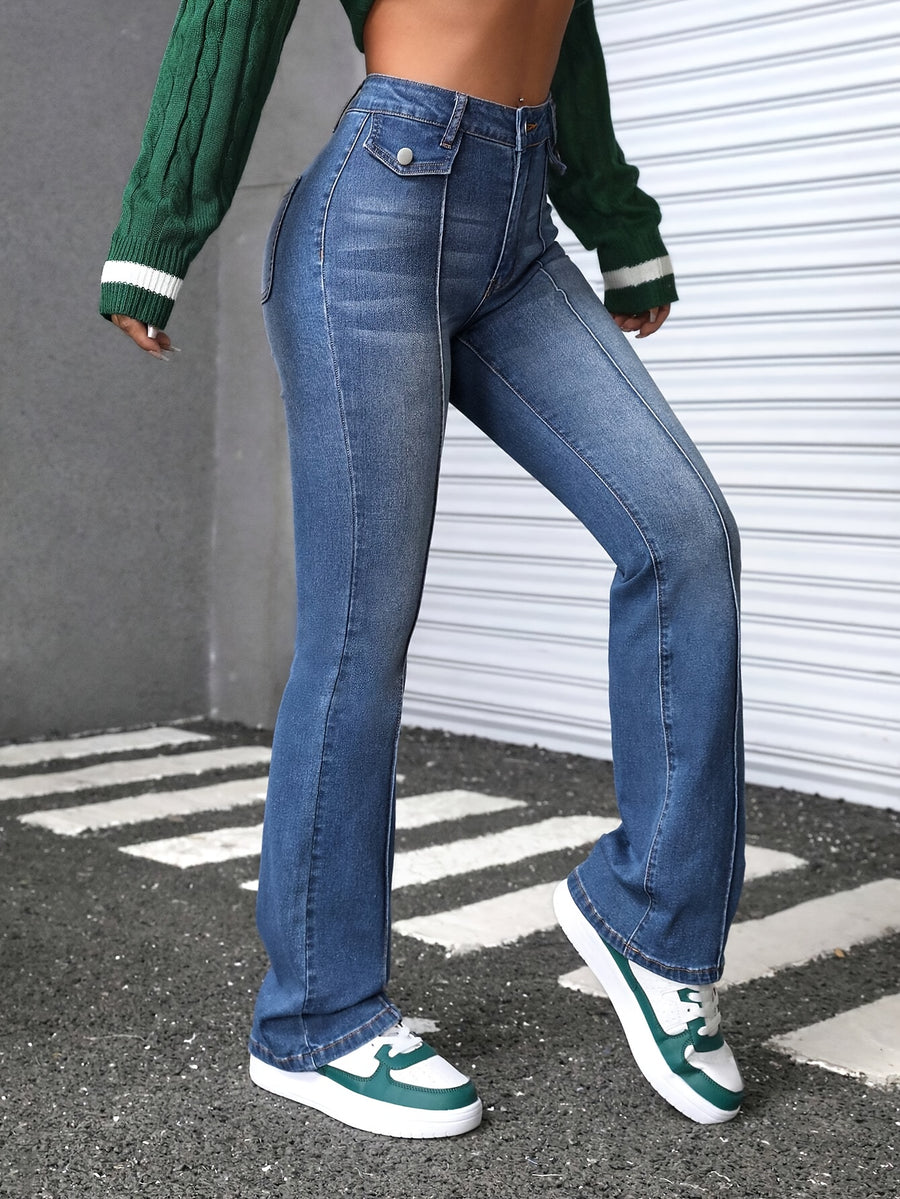 High-stretch Slim-fit Women's Jeans, Flap-pleated Women's Flared Trousers - Blue