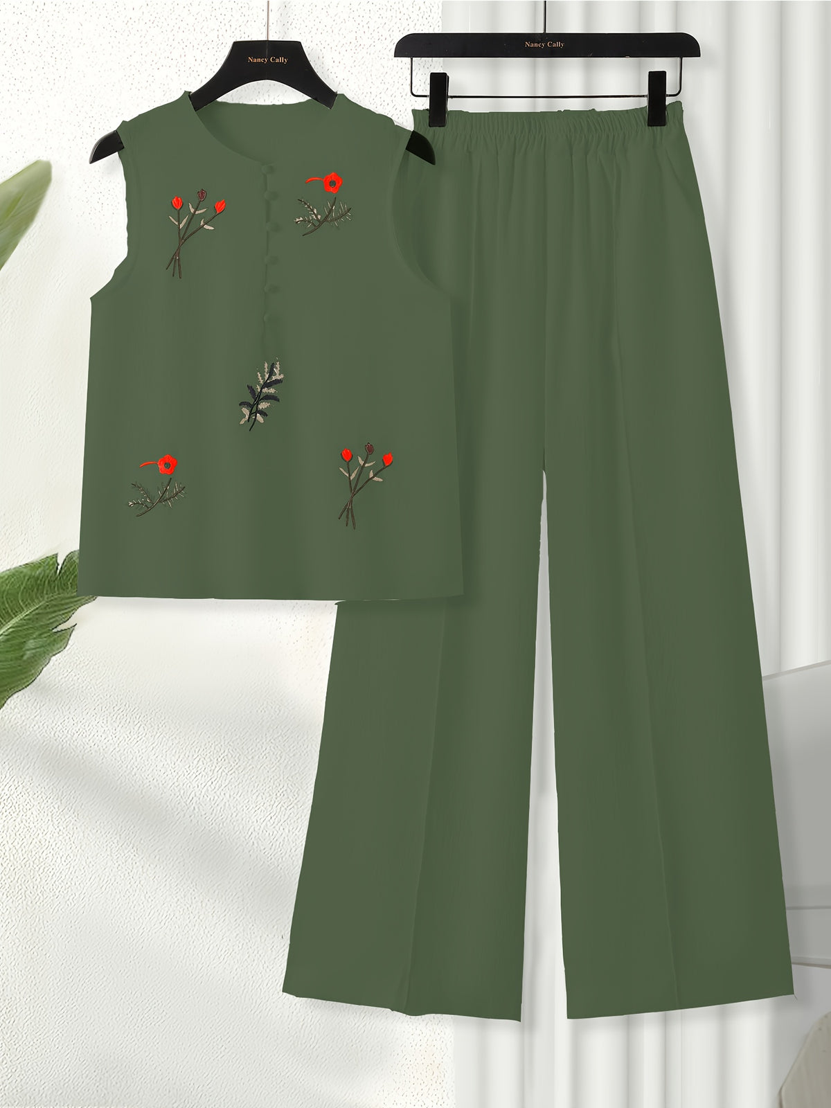 Chinese Style Embroidered Women's Set, Breathable Vest and Pants Outfit - Two-Piece Casual Elegant Ensemble - Olive Green