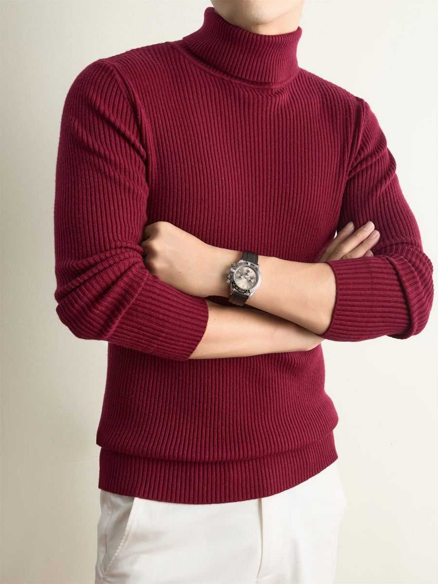 Men's Solid Color High Neck Sweater - Warm Winter Knit Pullover with Turtleneck Collar, Long Sleeve Basic Knitwear Suitable for Casual & -Casual Outfits, Hand Washable for Office Layering - Red