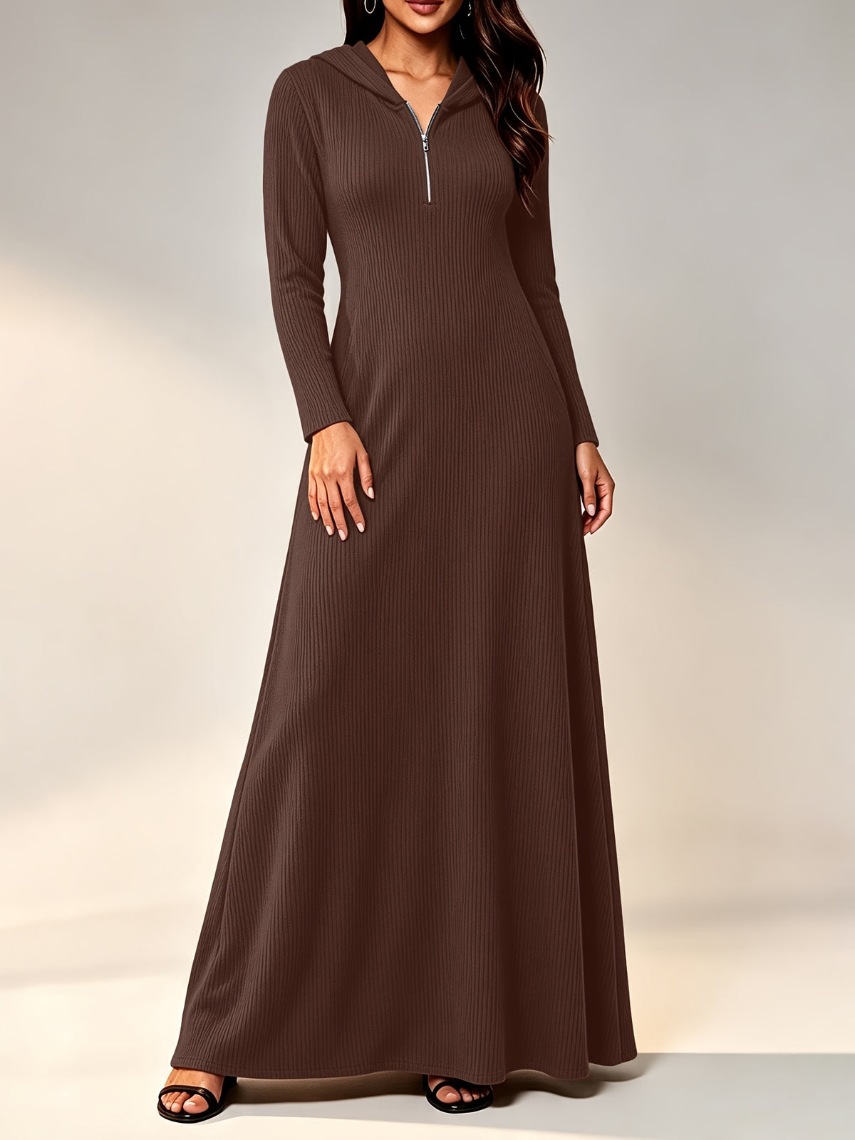 Plus Size - Western Plus Size Women'S Ribbed Hooded Long Dress, Half-Open Zipper Long Sleeve Fitted Flared Casual Floor-Length Skirt - Dark Gray