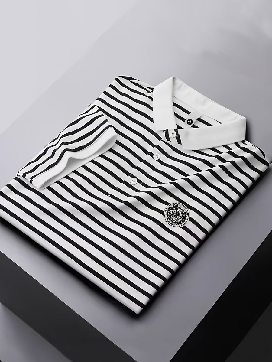 Men's POLO Shirt Short Sleeve T-Shirt Summer Striped Collared Lapel Fashion Streetwear Brand Cool Thin Casual Embroidered Top - White