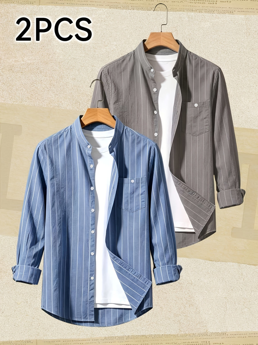 2pcs Set Stand Collar Striped Shirt; Spring/Autumn Loose Fit Casual Business Simple Versatile Top; Daily Commute Breathable 2pcs Men's Outfit - Blue+Gray