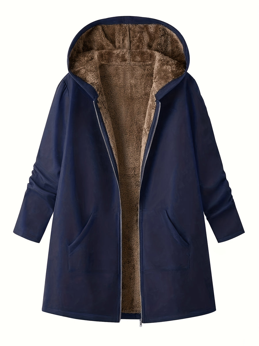 Solid Color Thermal Lined Hooded Jacket for Autumn/Winter Warmth and Casual Wear - Navy Color