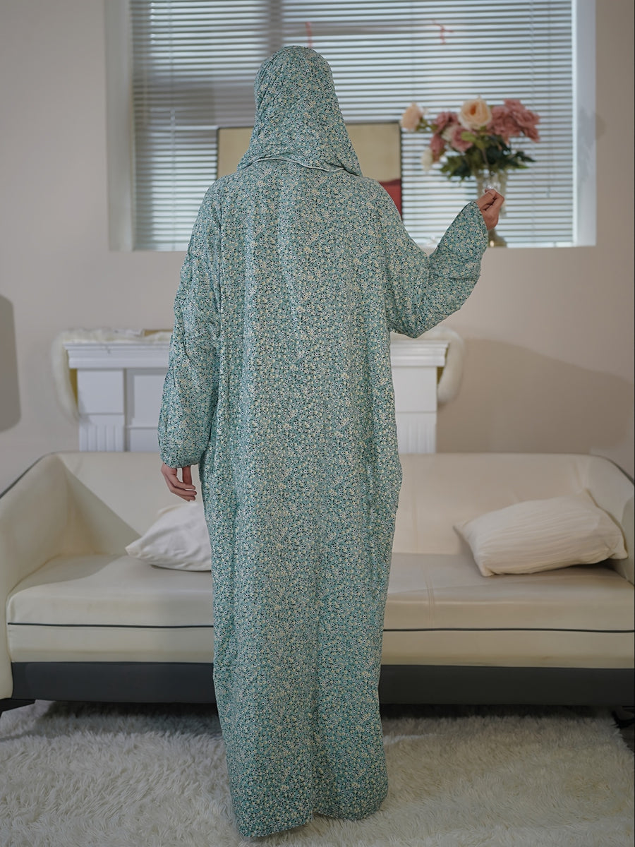 Elegant Floral Print Viscose Abaya for Women - Stylish Long Sleeve Prayer Robe with Zipper Detail, Loose Fit, Perfect for Spring/Summer, Comfortable & Versatile Middle Eastern Wear, Summer Abaya|Floral Pattern Robe|Elegant Appearance, Islamic Clothing - Light Cyan