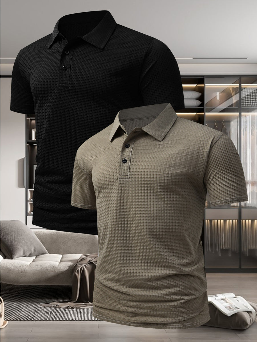 Men'S Stylish Casual Short-Sleeve Polo Shirt, Available in a 2-pc at a Discount! Comfortable T-Shirt Made from New Jacquard Quick-Dry Fabric, Perfect for Outdoor Equestrian And Golf Activities. Fashionable Casual Wear - Black + Khaki