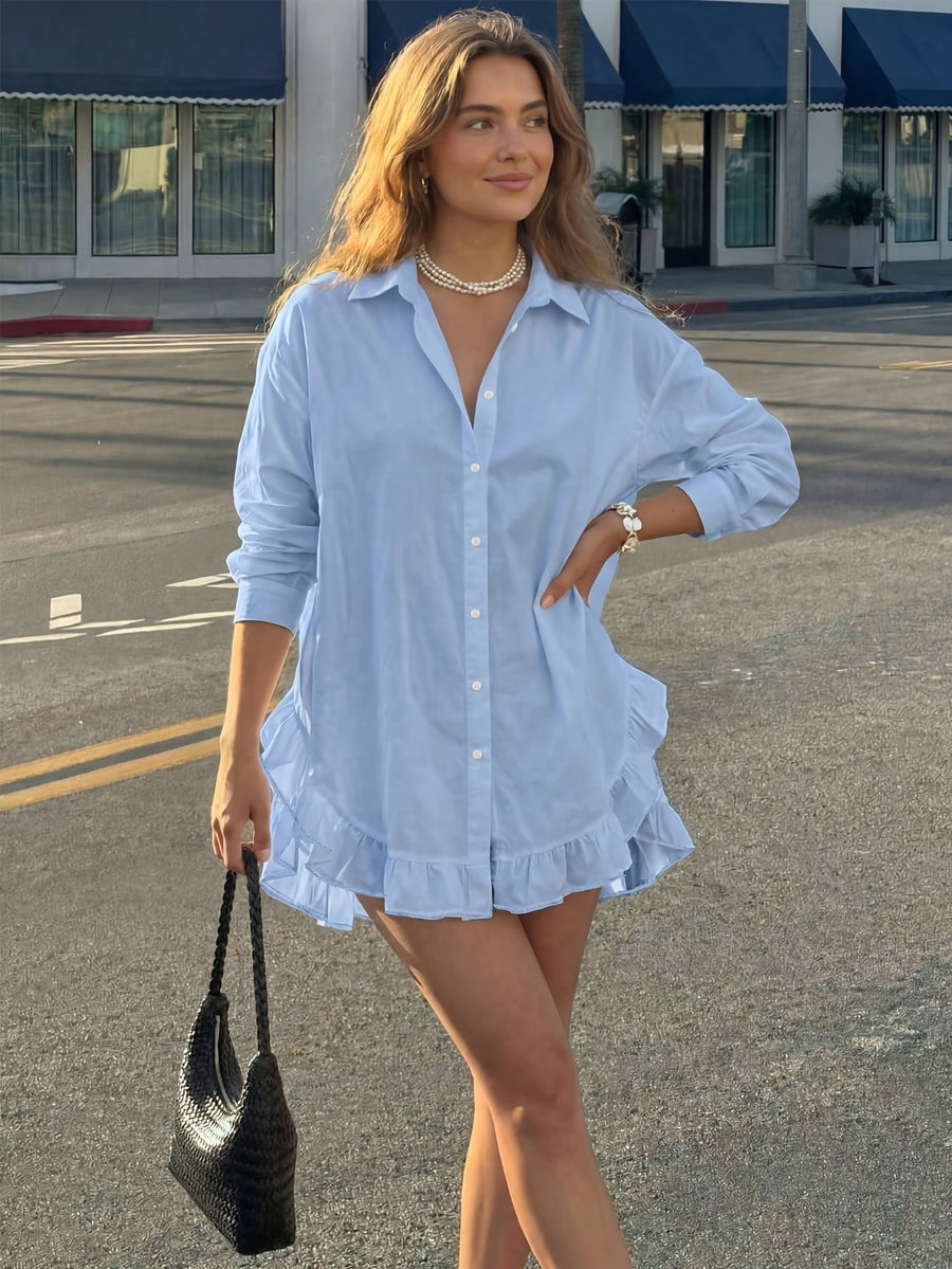 Casual Solid-color Ruffle-trimmed Top, Spring/summer Style - Sky Blue
