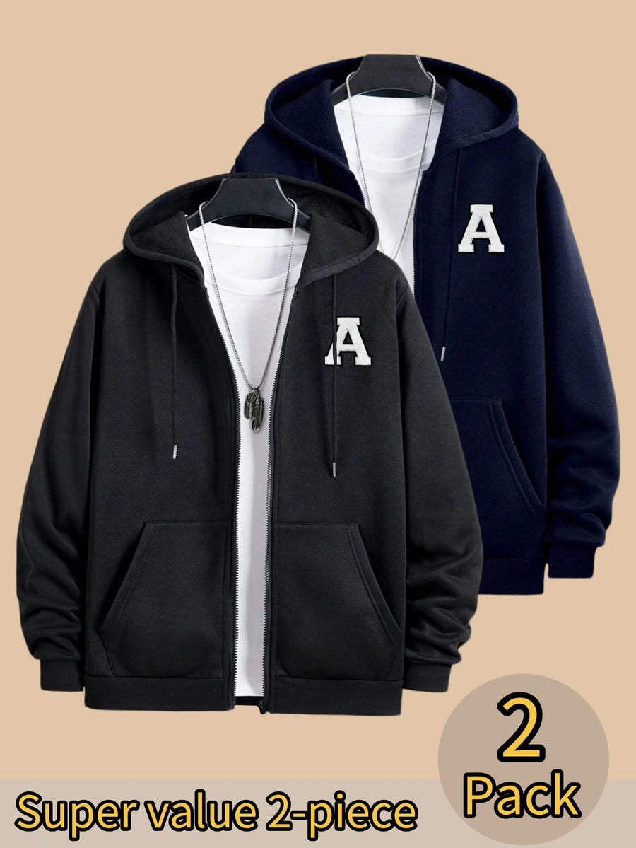 50% Cotton, 50% Polyester, 2-Pack Men's Zippered Hooded Fleece-Lined Sweatshirt, Men's Clothing, Long-Sleeve Fleece Jacket, Zippered Top, Hooded Sweatshirt, Pockets, Drawstring, Suitable for Outings, Casual Wear, Back-to-School Season - Black+Navy Blue