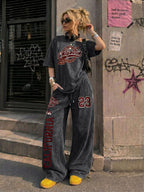 Retro American California Size 23 Number Print New Spring Summer Casual Jersey Sportswear, Street Sport Style Women'S Washed Off-Shoulder T-Shirt And Long Pants Two-Piece Set, Washed Suit, American Street College Style - Black