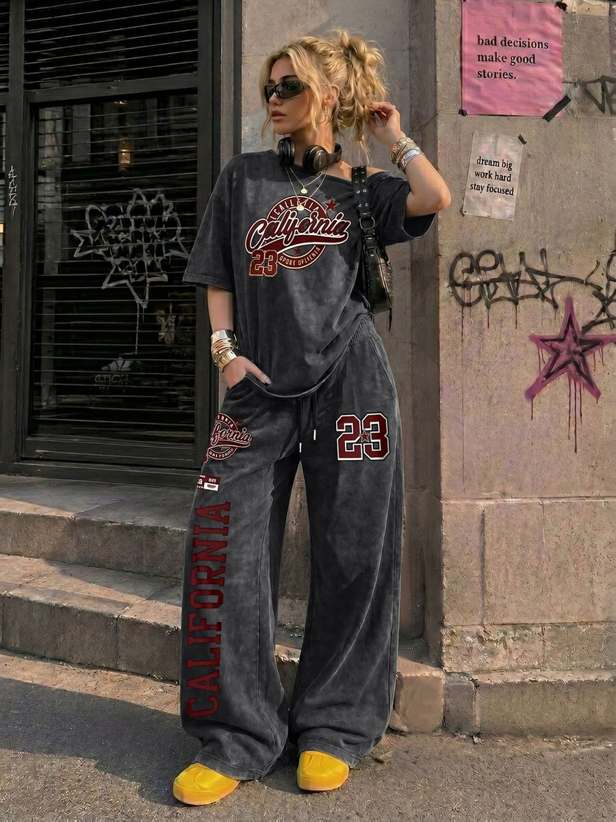 Retro American California Size 23 Number Print New Spring Summer Casual Jersey Sportswear, Street Sport Style Women'S Washed Off-Shoulder T-Shirt And Long Pants Two-Piece Set, Washed Suit, American Street College Style - Black