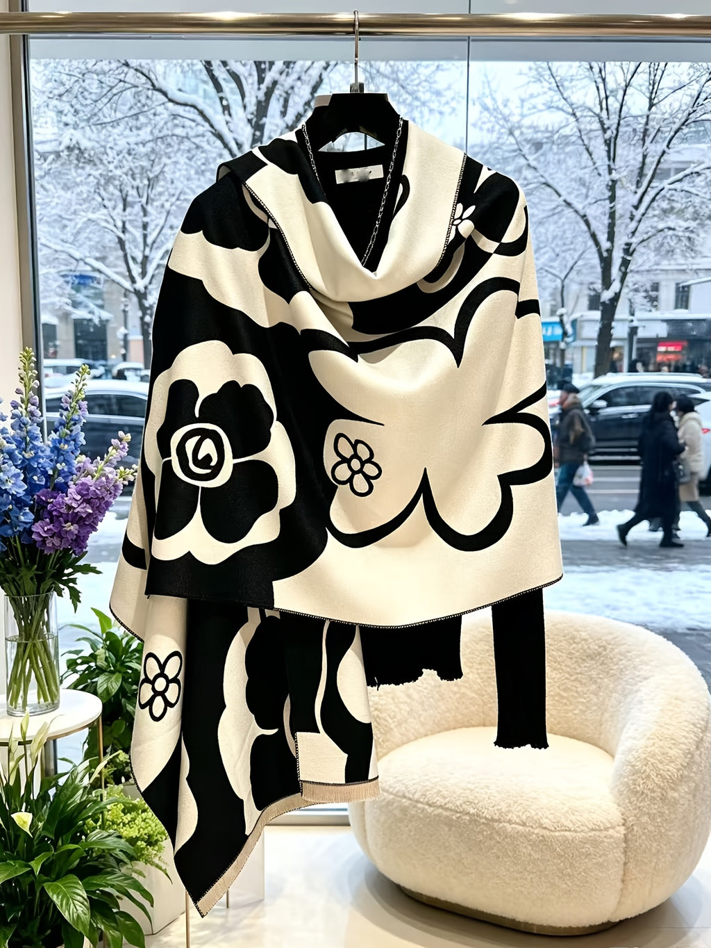 Women's Outerwear - Elegant Camellia Jacquard Shawl Coat for Women, Thickened Warm Large Scarf for Autumn/Winter, Vintage-Style Outerwear - Suitable for Travel, Vacation, Photography, Casual Wear, Office Layering, High-End Women's Autumn/Winter - Black