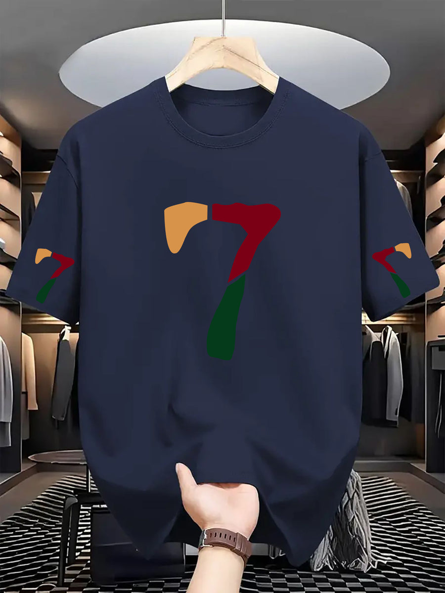 Men'S Casual Classic Sleeve Print T-Shirt with Text, Round Neck Comfortable Polyester Fabric, Stylish Streetwear for Daily Wear, Men'S Fashion - Navy Color