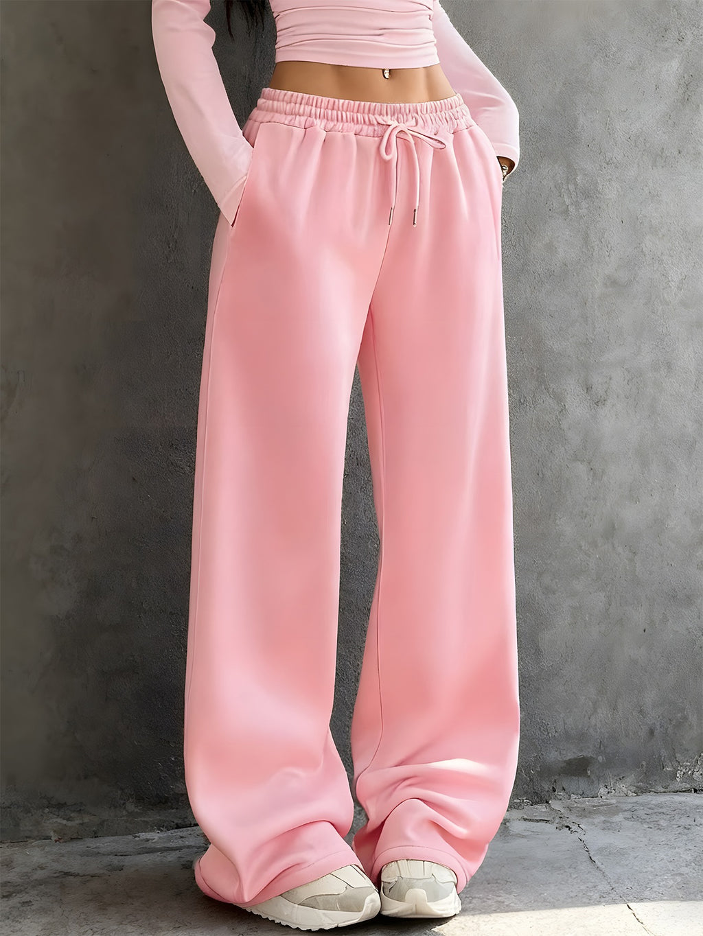 Women's Solid Color Wide-Leg Pants - Elastic Waist & Drawstring Pocket Sweatpants, Loose-Fit Full-Length Trousers for Casual Casual Attire, Lounge, Office & All-Season Comfortable (No  Needed) - Machine Washable Solid Coloration - Pink Color