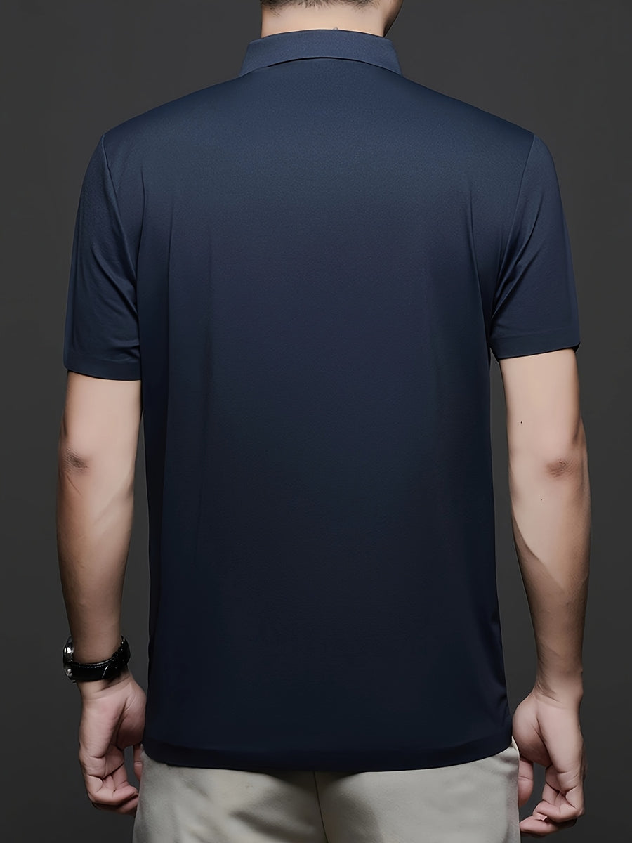 Men's Summer Lapel Polo Shirt, Fashionable and Versatile Light Luxury Zipper Top, Business Casual Breathable Short-Sleeve T-Shirt, Suitable for Daily Work Scenes - Navy Color