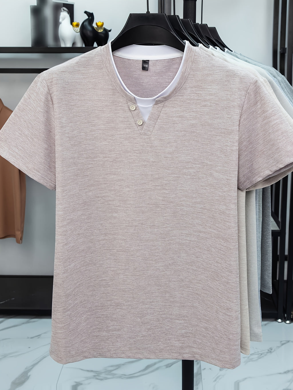 [Saa Xing OBM] Spring Summer New Men'S Polo Shirt, Faux Two-Piece V-Neck Open Collar And Round Neck Short Sleeve T-Shirt Men'S Business Casual Fashion Breathable All-Match Knit Pullover Base Layer Top - Light Pink Color