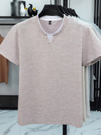 [Saa Xing OBM] Spring Summer New Men'S Polo Shirt, Faux Two-Piece V-Neck Open Collar And Round Neck Short Sleeve T-Shirt Men'S Business Casual Fashion Breathable All-Match Knit Pullover Base Layer Top - Light Pink Color