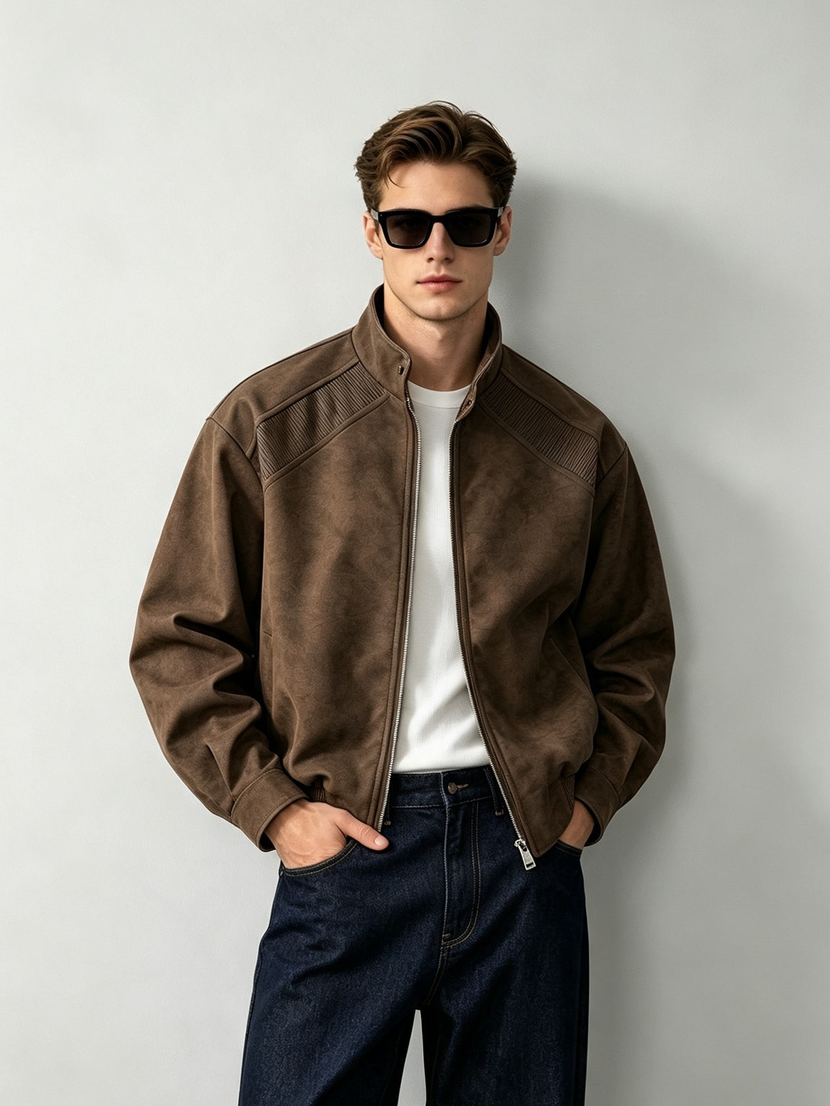 Men's Casual Sport Windbreaker Jacket - Spring/Autumn Men's Trendy Post-Apocalyptic Distressed Washed-Out Stand Collar Flight Jacket, American Vintage Street Style Clean Fit Loose Fit with Shoulder Patch Design, Zipper Baseball Jacket Winter Clothes - Coffee Color