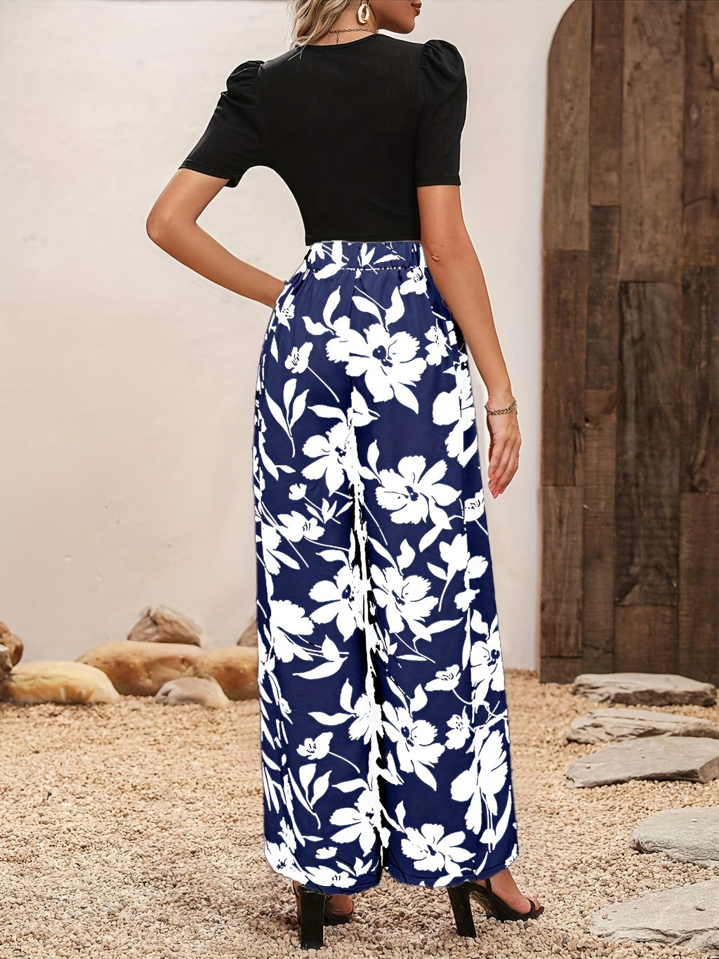 Elegant Wide-Leg Long Pants with Floral Prints for Women - Navy Color