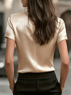 Women's Simple Round Neck Short Sleeve T-Shirt - Satin Texture, Ideal for Mother's Day & Independence Day Commute, Suitable for Spring & Summer Office & Casual Looks, Luxury Style Outfit - Apricot