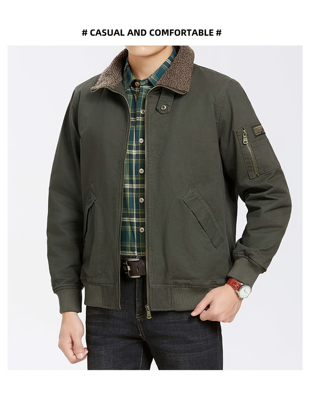 Men'S Lamb Workwear Jacket Spring Autumn Winter New Multi-Pocket Outdoor Casual Coat - fern green