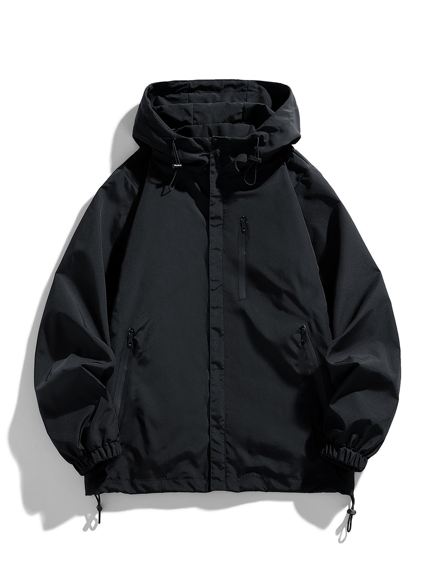 Men's New Jacket Coat Spring Autumn Casual Jacket Sports Outdoor Zipper Pocket, Hooded Design - Black