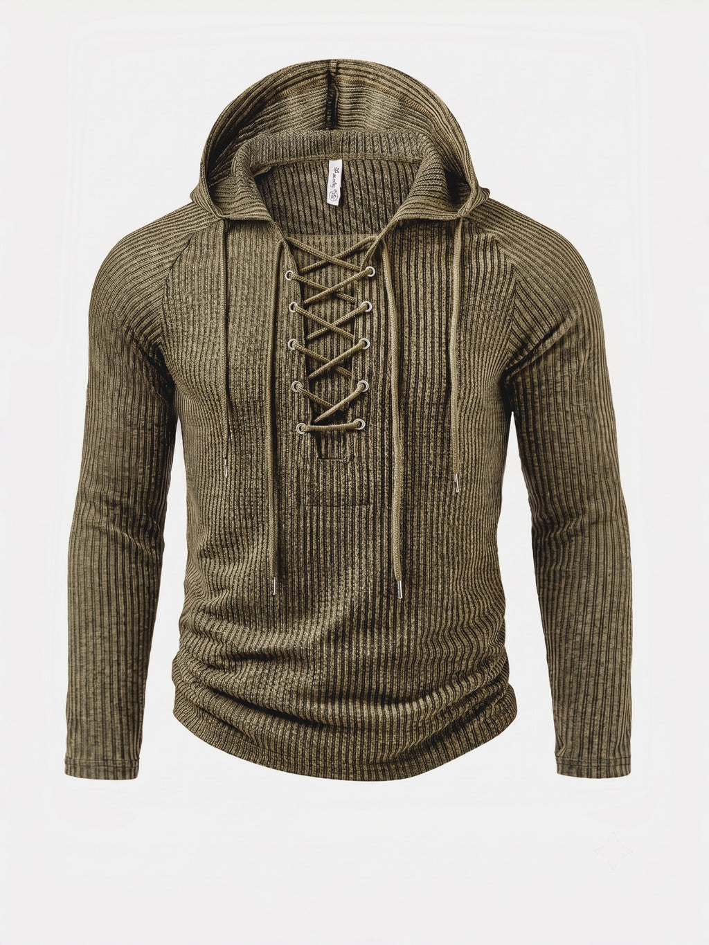 [ROYALBOY] Men'S Autumn New Long Sleeve Top, Textured Bi-Color Striped Drawstring Design Hooded, Outdoor Fashion Sports, Casual All-Match, Fashion Leisure, Suitable for Gatherings, Parties - Olive Green
