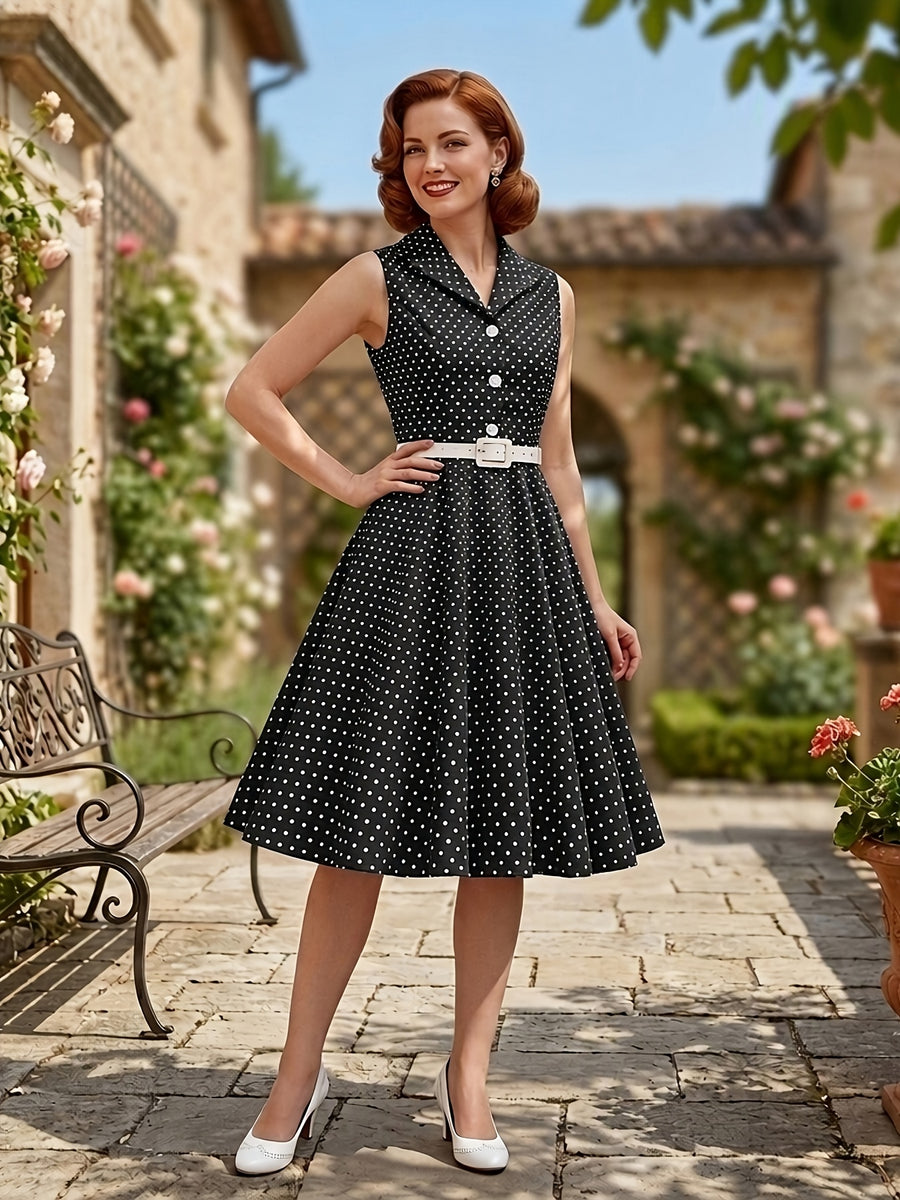 Vintage-style Polka Dot Waist-cinching Sleeveless Flared Bridesmaid Dress - Black