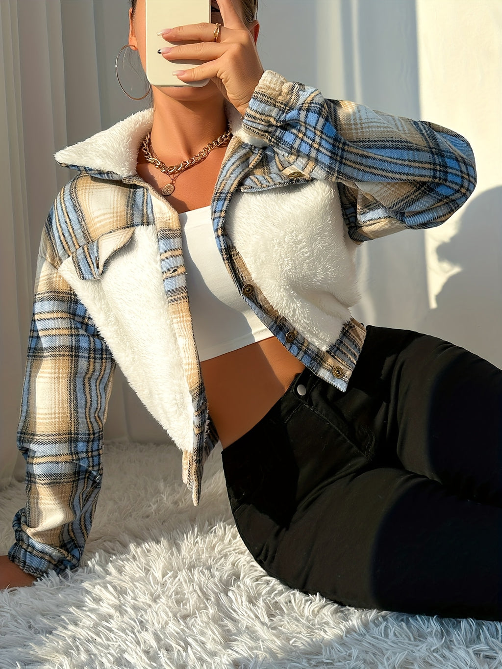 2026 Fall Winter New Plaid Patchwork Plush Short Jacket Women'S Large Lapel White Plush Chest Patchwork Warm Sweet Cool Spicy Vintage Ins Style Premium Sense Influencer Jacket SHP0241 European Size - Sea Blue