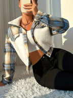 2026 Fall Winter New Plaid Patchwork Plush Short Jacket Women'S Large Lapel White Plush Chest Patchwork Warm Sweet Cool Spicy Vintage Ins Style Premium Sense Influencer Jacket SHP0241 European Size - Sea Blue