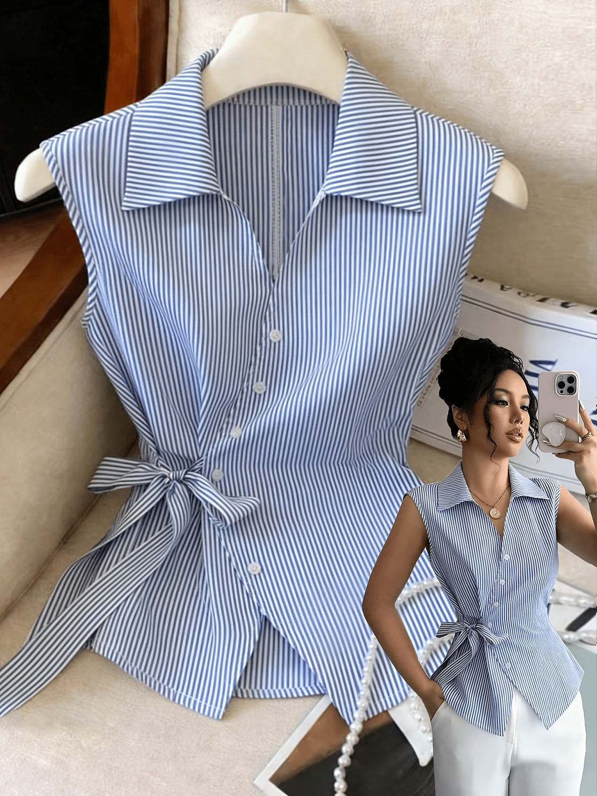 ZLLZ Women'S Casual Vacation And Work Commute Striped Print, Sleeveless Blouse - Light Blue