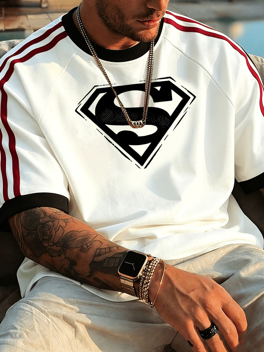 Officially Licensed by Warner Bros. Men'S 100% Crew Neck Short Sleeve T-Shirt, Superman Shield Logo Print, Vintage Sport Stripe Design, Soft Breathable Casual Tee for Summer, Daily Wear, Travel & Gym - White