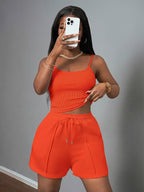 Women'S New Casual Camisole Knit Elastic Vest And Striped Textured Shorts 2pcs Set - Orange