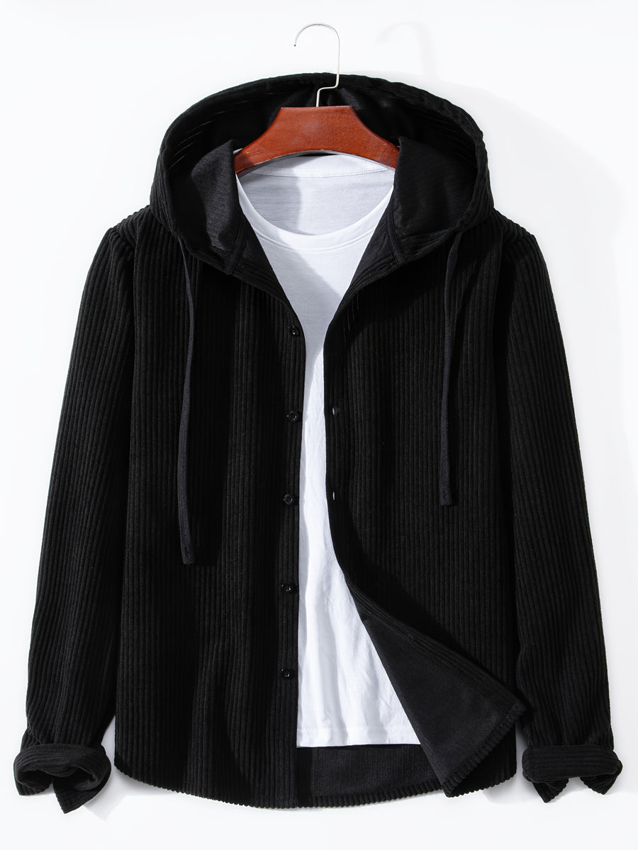 Men's Solid Color Patchwork Spring-Autumn Fashion Long-Sleeved Hooded Shirt Sweater Coat - Black