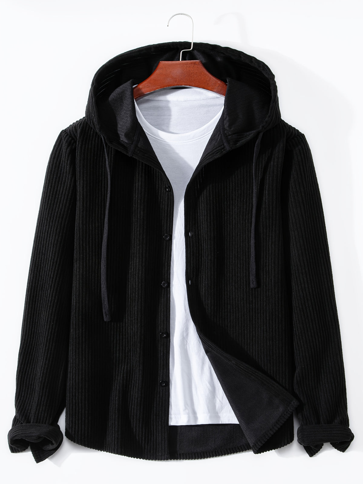 Men's Solid Color Patchwork Spring-Autumn Fashion Long-Sleeved Hooded Shirt Sweater Coat - Black