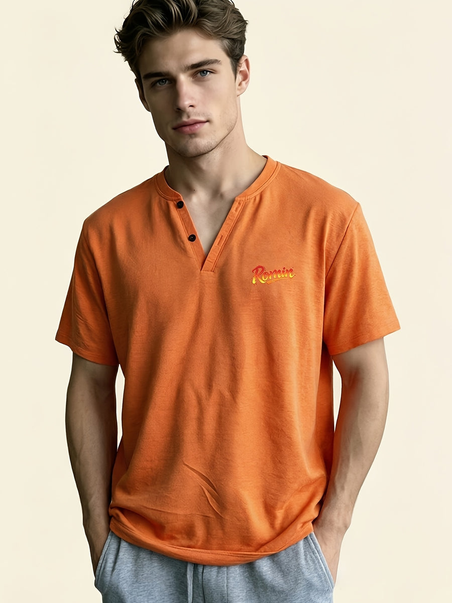 Men'S Short Sleeve Henley V-Neck T-Shirt, Casual Breathable Comfortable Daily Wear Top - .romin(orange)