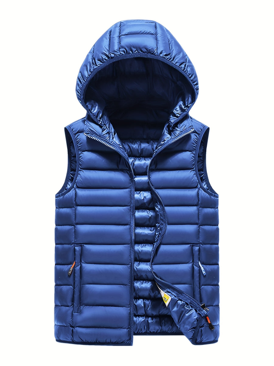 Men'S Slim-Fit Hooded Vest - Lightweight Non-Stretch Jacket, Front Zipper Closure, Side Pockets - Cold Weather Outerwear for Everyday & Formal Events - Fall/Winter, Winter Clothing, Sleek Design, Durable Construction, Stylish Outerwear, Urban Style - Blue