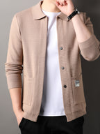 [Whale-Crossing Lan OBM] 1pc Autumn/Winter New Men'S Knit Cardigan, Old Money Style Solid Color Lapel Pocket Button-Front Single-Breasted Cardigan Men'S Business Casual Fashion Button-Front Knit Top, Suitable for Spring, Autumn, Winter Outerwear - Camel