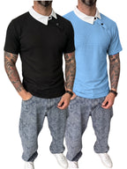 [Shule Water OBM] [Summer 2026 New 2pcs Set] Men'S Waffle Knit Off-Shoulder Button-Up Polo Shirt - Black Blue