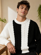 Men'S Vertical Stripe Color-Block Jacquard Round Neck Sweater, Loose Drop Shoulder Fit, Casual Relaxed Style, Flattering for All Body Types, Ideal for Daily Outings, Dates, And Commuting - SINBOS - Black